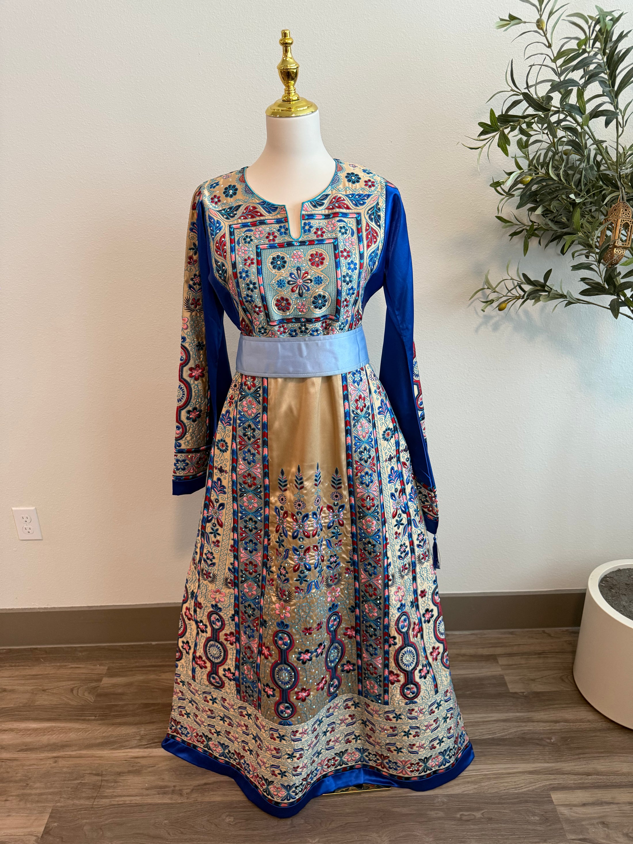Colorfull Thobe Blue and Gold Full Satin Thobe – Malara Modest Couture